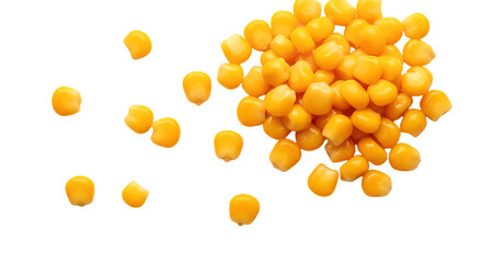 A pile of bright yellow corn kernels scattered and isolated on a transparent background isolated on transparent background
