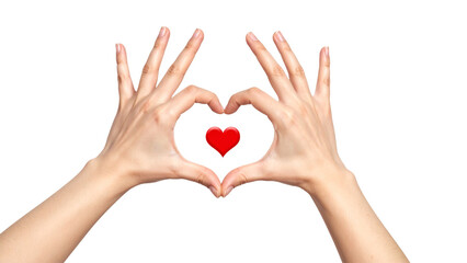 Obraz premium Woman's hands gently holding a red heart symbol of love, care, and romance 