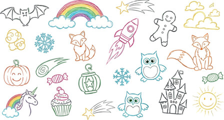 Vector art of collection of handdrawn doodle elements including a rainbow, rocket, unicorn, and animals