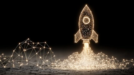 Futuristic Rocket Launching with Digital Wireframe Design in Dark Background