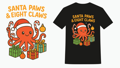 Funny Octopus Santa Hat Christmas T-shirt Design, Unique Octopus Eight Arms Christmas T-shirt Artwork, Cool Octopus Holding Gifts Christmas T-shirt Print, Cartoon Octopus Festive Holiday Christmas