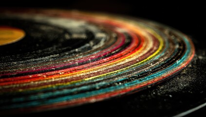 Obraz premium Close-up of stacked vinyl records, showing concentric circles of varying colors and dust