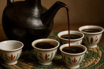 Ethiopian buna (coffee) in a traditional jebena pot, dark rich coffee pouring into small cups