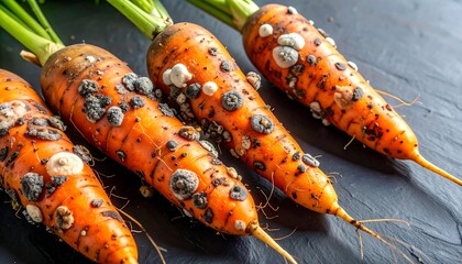 Rotten carrots on dark surface