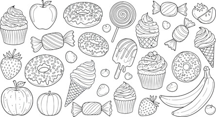 Vector art of handdrawn doodle collection of sweets and fruits including cupcakes, donuts, ice cream, and apples