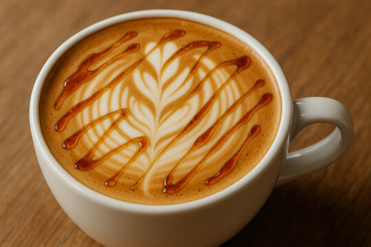 Canadian maple latte in a white cup, latte art topped with maple syrup drizzle