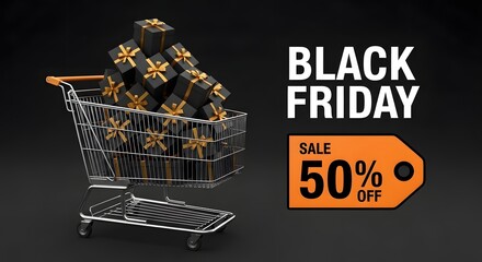 Black friday sale with a shopping cart full of gift boxes and 50 off discount tag
