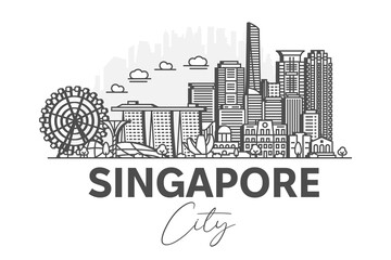 Fototapeta premium Singapore architecture line skyline illustration with shadows. Linear vector cityscape with famous landmarks, city sights, design icons.