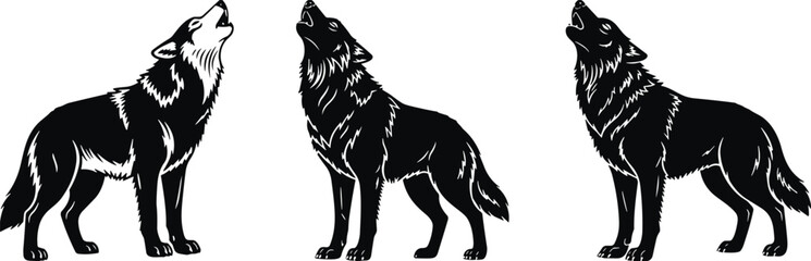 Stylized silhouettes of three howling wolves in side profile showcasing realistic fur detail, dynamic posture, and wild animal behavior
