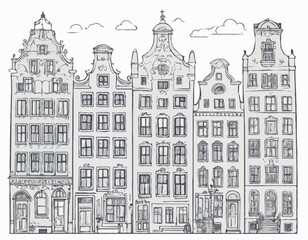 Amsterdam set. European city. Hand drawn vector illustration. Cartoon outline houses facades