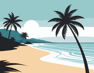 Palm tree silhouette on the beach by the sea for summer vacation