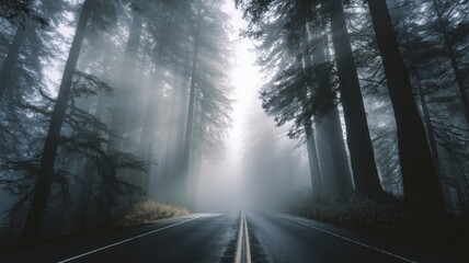 Fototapeta premium Sunlit forest road with atmospheric mist. AI image