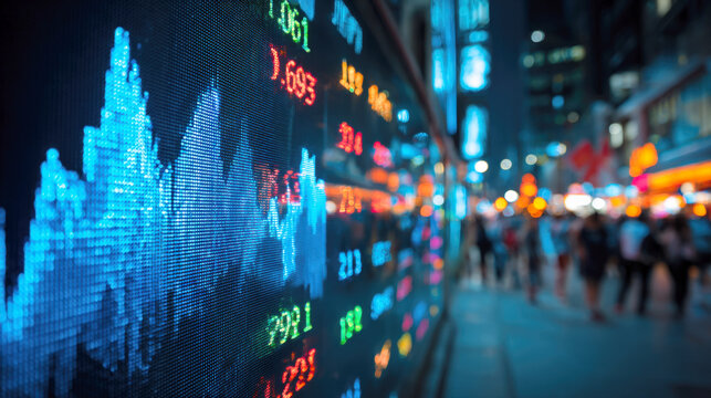 A close-up shot of vibrant LED financial display with stock market data and blue price chart set against the blurry lights, motion of busy city street at night, representing global business, commerce