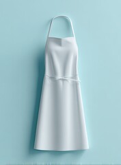 A pristine white apron hangs against a light blue background.  It has simple, clean lines, a tied waist, and loops for hanging
