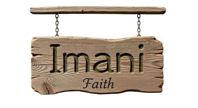 Wooden sign reading Imani Faith hanging in a natural setting, symbolizing hope and belief