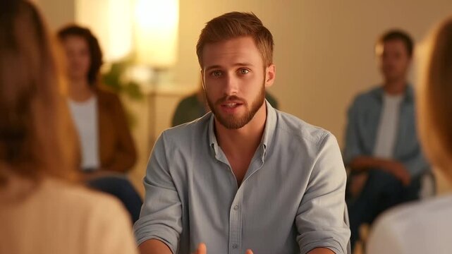 A therapy group seated in a circle supporting a sad man speaking about recovery compassionate faces and attentive body language warm light enhancing empathy atmosphere