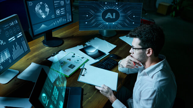 Analyst in office reviewing AI-driven digital dashboards and empty reports. Concept of mental health in tech workspace, digital fatigue, fintech education, and automation stress. Collage