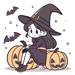Cute Witch Girl Sitting on Pumpkins Cartoon