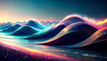 Vibrant, abstract landscape of swirling, colorful waves