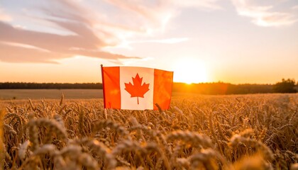 Canadian flag waving in a golden wheat field at sunset