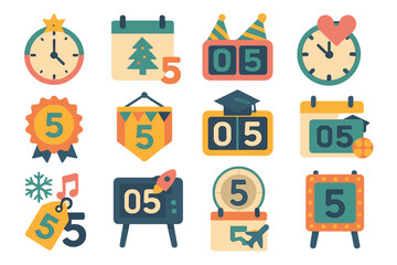 Countdown Icons. Event Countdowns set of icons in abstract flat : New Year countdown clock, holiday countdown calendar, birthday countdown timer,