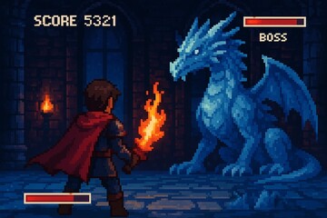 A retro-style pixel art screen showing a warrior and a dragon facing off inside an ice castle.