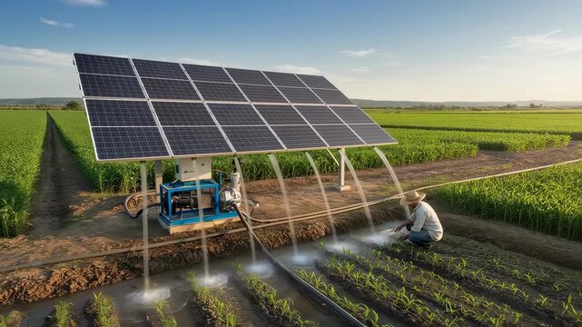Medium shot showing a solarpowered water pump irrigating farm fields blending technology with traditional farming practices