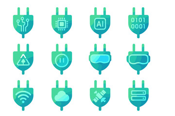 Tech Leaf Plug Icons. Tech Leaf Plugs set of icons in gradient flat : plug with circuit lines, plug with microchip, plug with AI chip, plug with