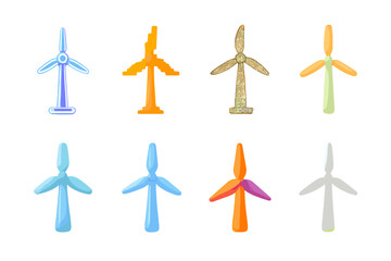 Wind Turbine Icon Set. Creative Styles set of icons in gradient flat : neon glowing wind turbine, pixel art wind turbine, hand-drawn sketch wind