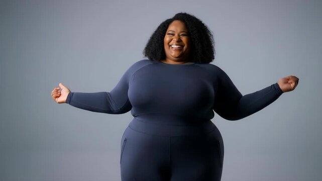 Body positive african american woman spreading arms wide