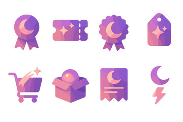 Celestial Sale Icons. Special Offers set of icons in gradient flat : sale ribbon with moon, coupon with stars, badge with crescent moon, shopping tag