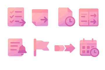 Gradient Task Icons. Task Follow-Up set of icons in gradient flat : checklist with arrow, sticky note with arrow, file with clock, task board with