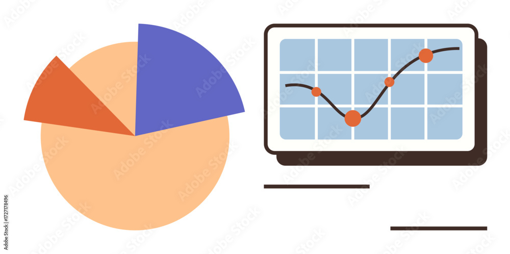 Poster pie chart with three segments and a line graph on a monitor showing upward trends. ideal for data an