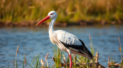 Obraz premium A young stork stands near a pond on a sunny morning.