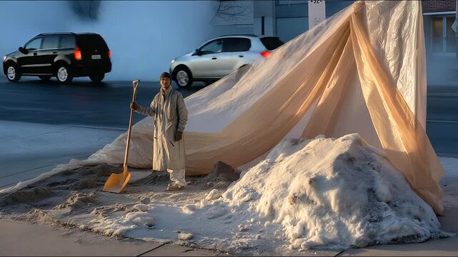 Urban winter activities unfold as a street its asphalt slick with ice hosts a pop up snow sculpture contest now deserted. A half finished snow figure its surface lumpy stands