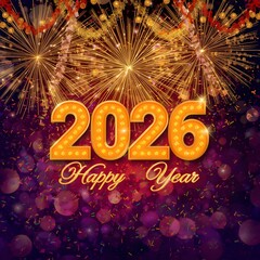 Happy New Year 2026 celebration with golden fireworks and glowing numbers, festive holiday background for greeting cards and banners.
