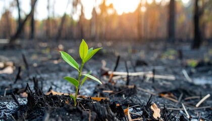 Sapling sprouts from scorched earth, symbolizing resilience and hope