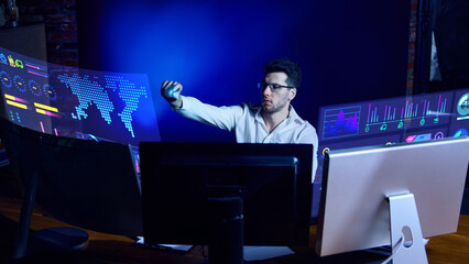 Analyst using holographic interface for global market data monitoring. Concept of data analytics, artificial intelligence, cybersecurity, and corporate decision support. Collage