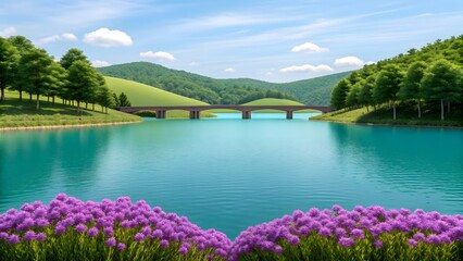 Fototapeta premium Serene lake with bridge and vibrant flowers