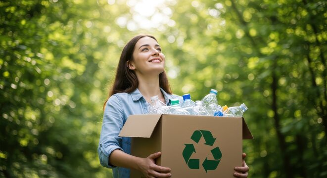 A woman holds a recycling box filled with plastic bottles in a lush green forest, her expression suggesting environmental awareness and positive action. - Powered by Adobe