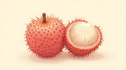 Two spiky, pinkish-red fruits, one whole and one halved, displayed against a pale background.