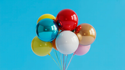 A collection of colorful glass Christmas ornament balloons arranged in a bouquet against a solid light blue background