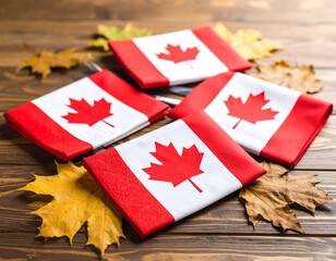 Canadian flags on a wooden surface surrounded by autumn leaves