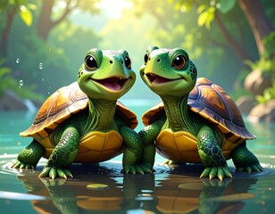 Two happy turtles by a stream