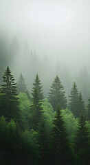 Aerial view of misty pine forest on a mountain slope