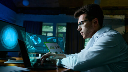 Focused businessman working with AI dashboards in digital workspace. Concept of artificial intelligence, cybersecurity, big data analytics, and workplace innovation. Collage