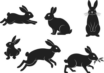 Black silhouette rabbits, jumping rabbit, sitting bunny, running hare, cute bunny clipart, wildlife illustration, Easter rabbit, vector art, animal design
