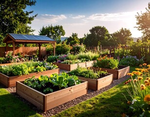 A vibrant garden at sunset