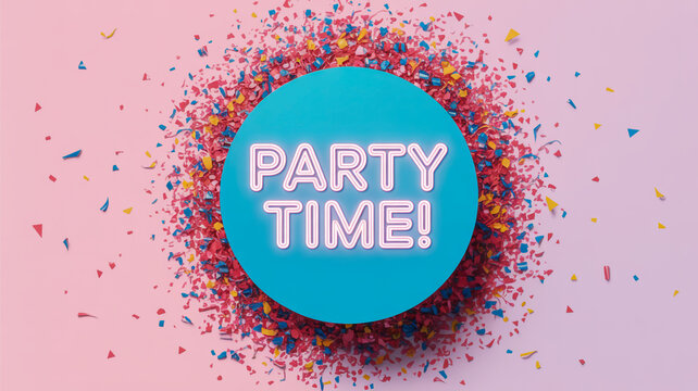 A festive party-themed image with a large light blue circle in the center containing white neon-style text that reads PARTY TIME!.