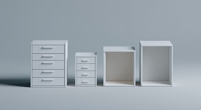 Three white storage units, varying sizes, on a light gray background